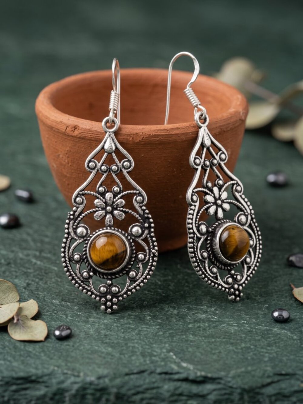 Tigers Eye Filigree Drop Earrings 925 Sterling Silver Artisan Boho 2.3"L
